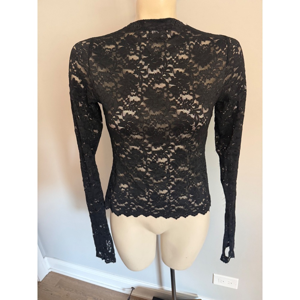 AFRM Black Floral Lace Long Sleeve Mock Neck Top with Thumb Holes Small